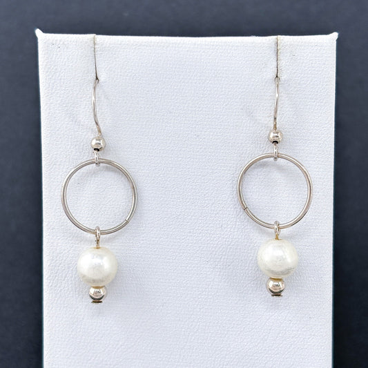Estate Sterling Silver 925 White Pearl Hoop Earrings