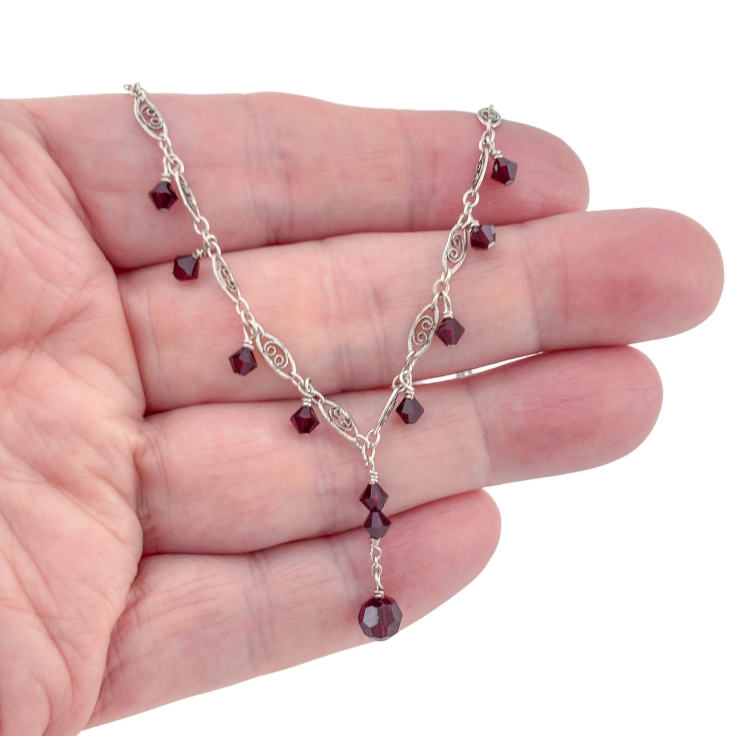 Vintage Sterling Silver 925 Red Crystal Drop Necklace 16.5"