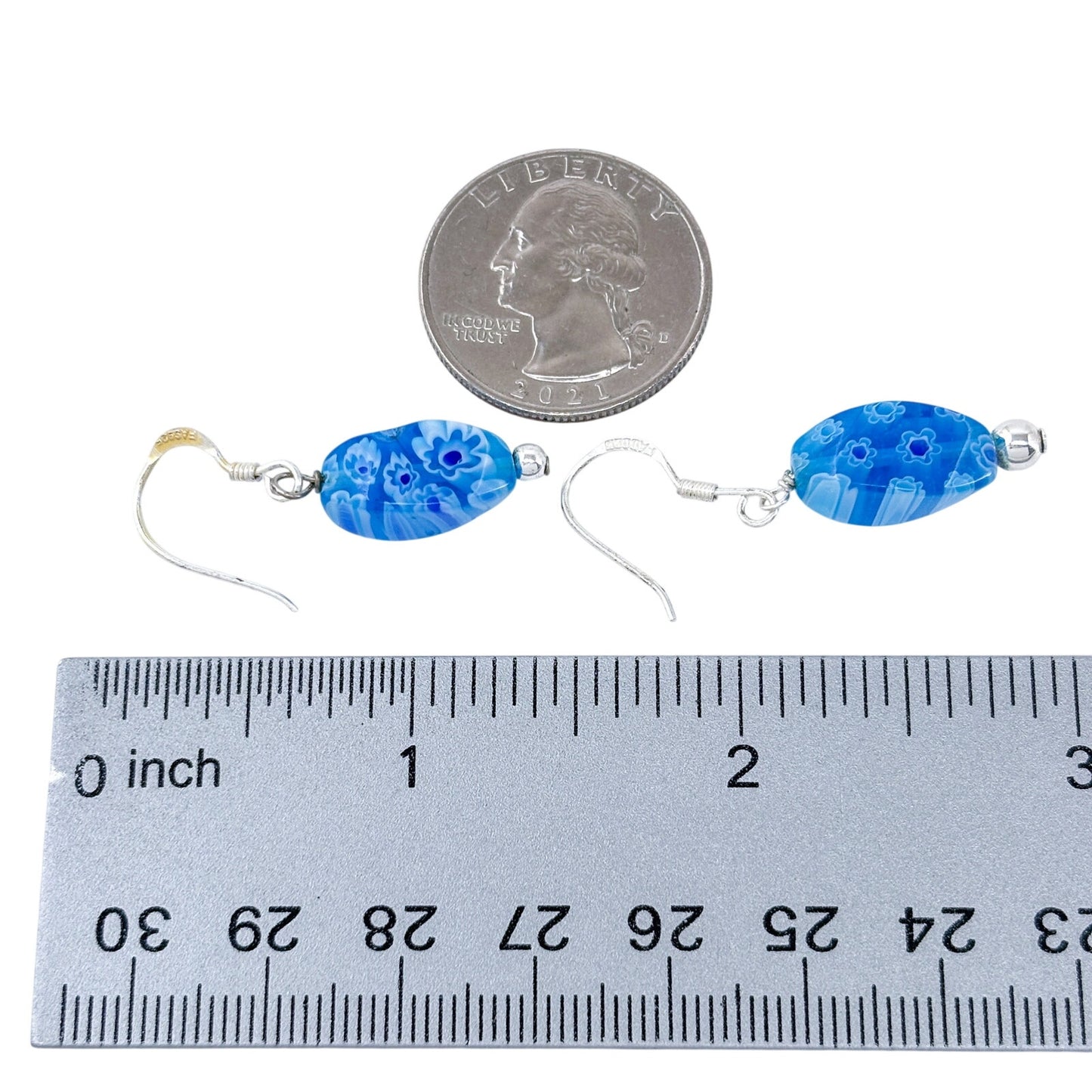Estate Sterling Silver 925 Blue Millefiori Glass Bead Earrings