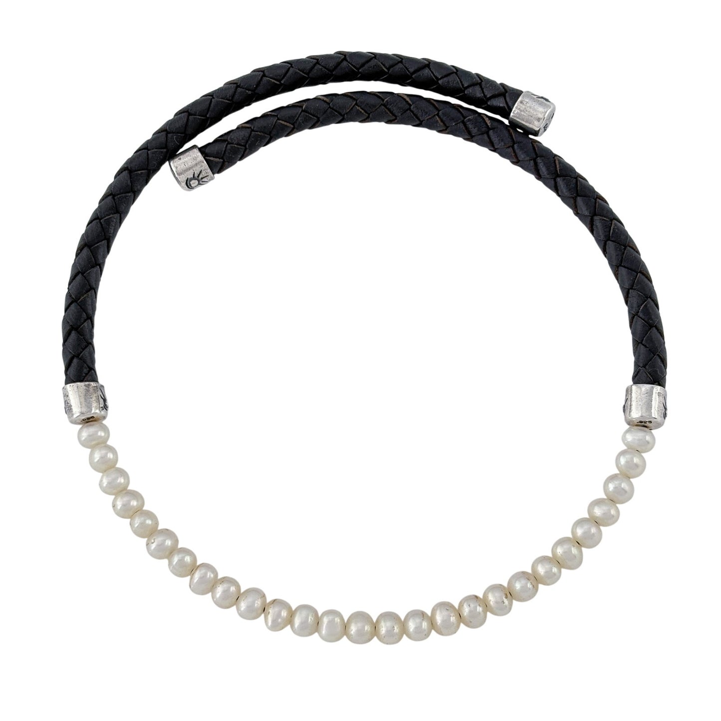 Vintage Sterling Silver 925 Black Braided Leather Pearl Necklace 16.5"