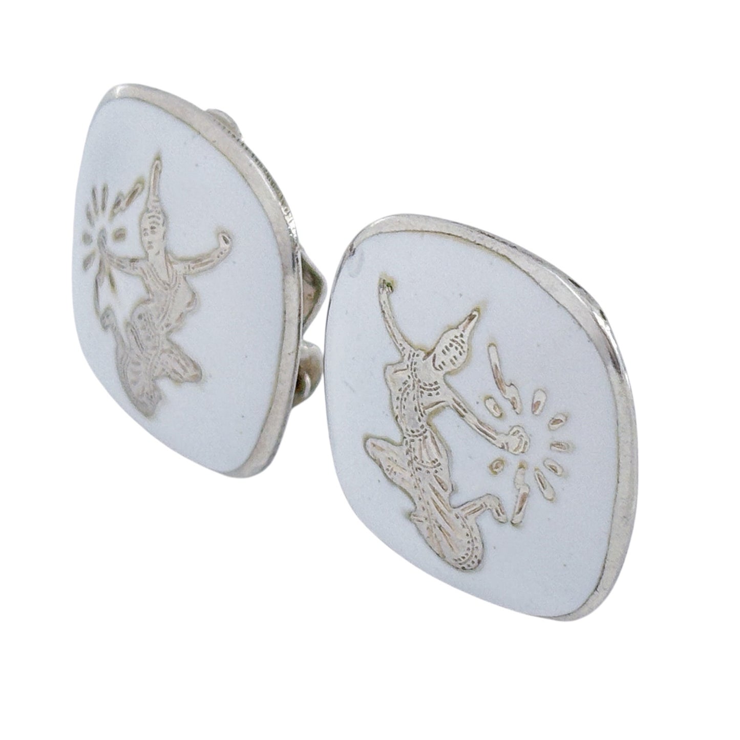 Vintage Sterling Silver 925 White Enamel Dancer Clip-On Earrings