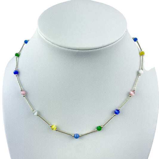 Vintage Sterling Silver 925 Multicolor Cat’s Eye Necklace 15.75"