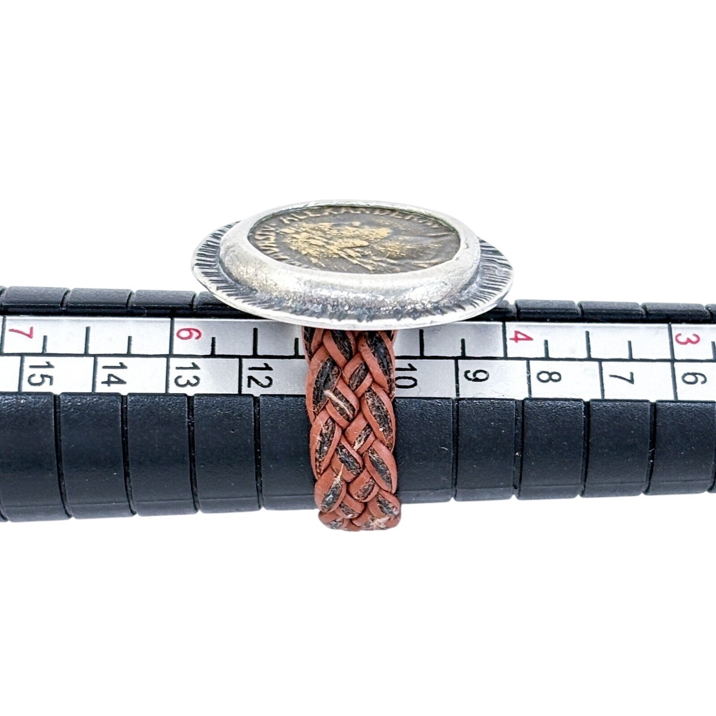 Vintage Sterling Silver Alexander Severus Coin Ring with Braided Leather Band