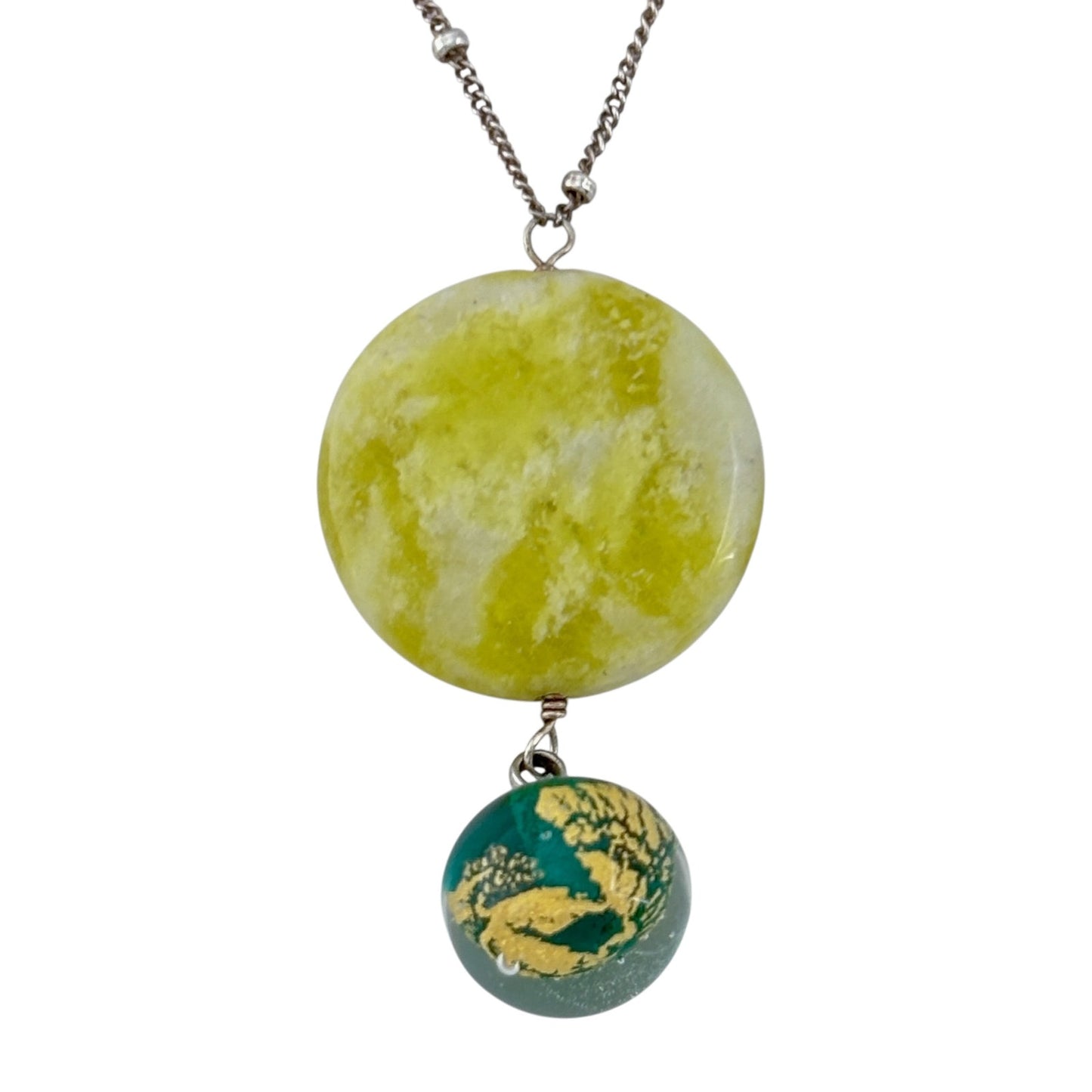Vintage Sterling Silver 925 Yellow Glass Green Marble Pendant Necklace 17.5"
