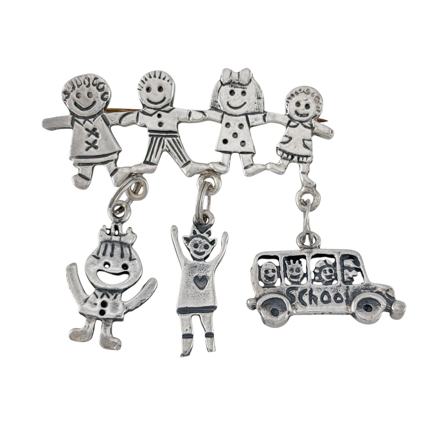 Vintage Sterling Silver 925 School Children Charm Brooch