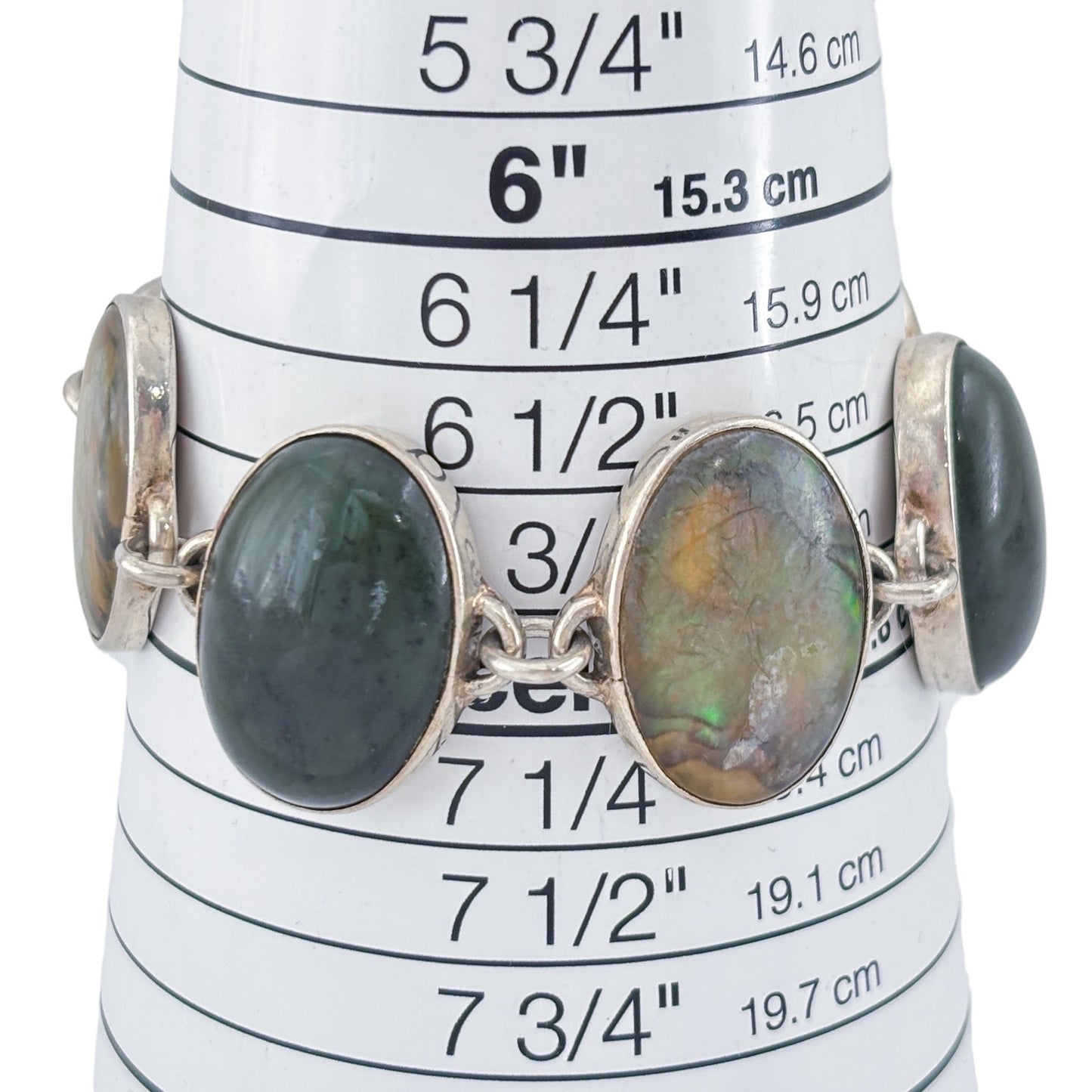Vintage Sterling Silver 925 Abalone and Nephrite Link Bracelet 6-7"
