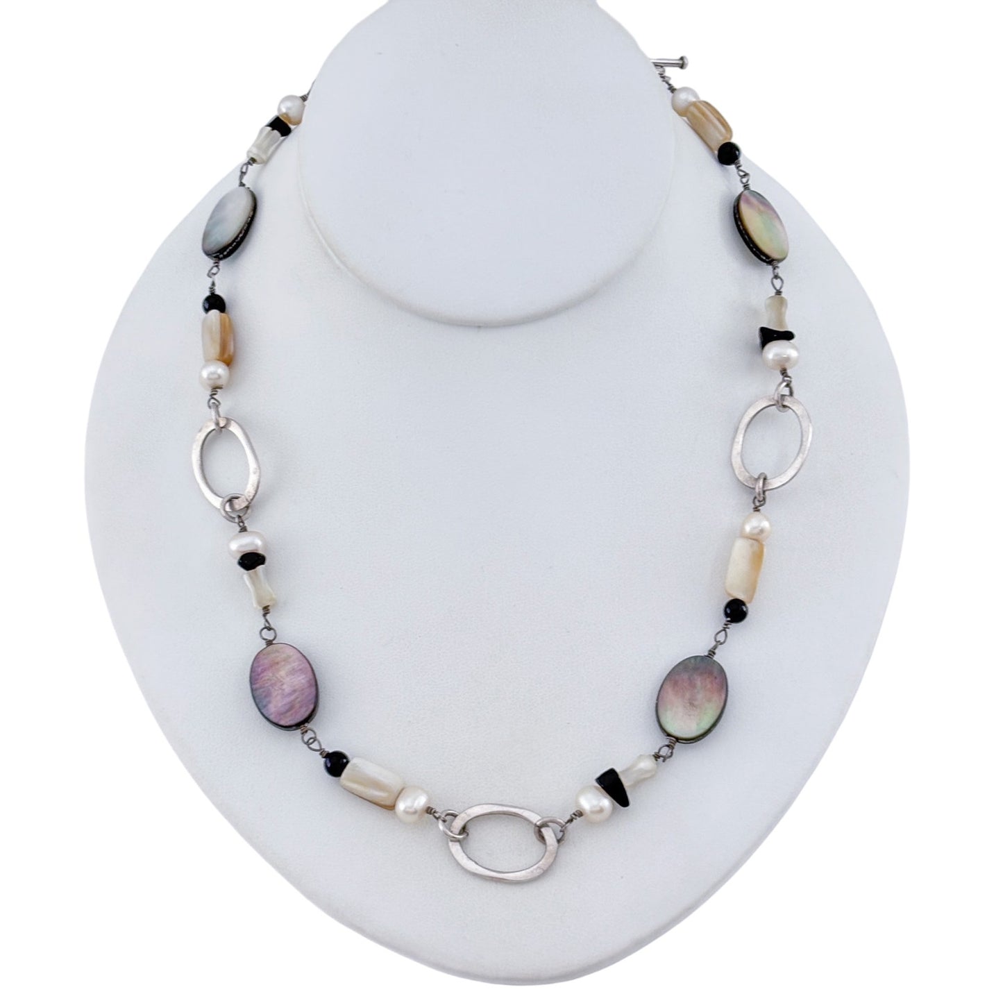 Vintage Sterling Silver 925 Abalone Pearl Onyx Necklace 17-19"