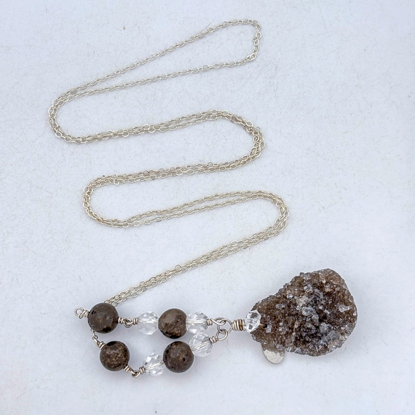 Vintage Deb Guyot Sterling Silver 925 Druzy Smoky Quartz Pendant Necklace 30"