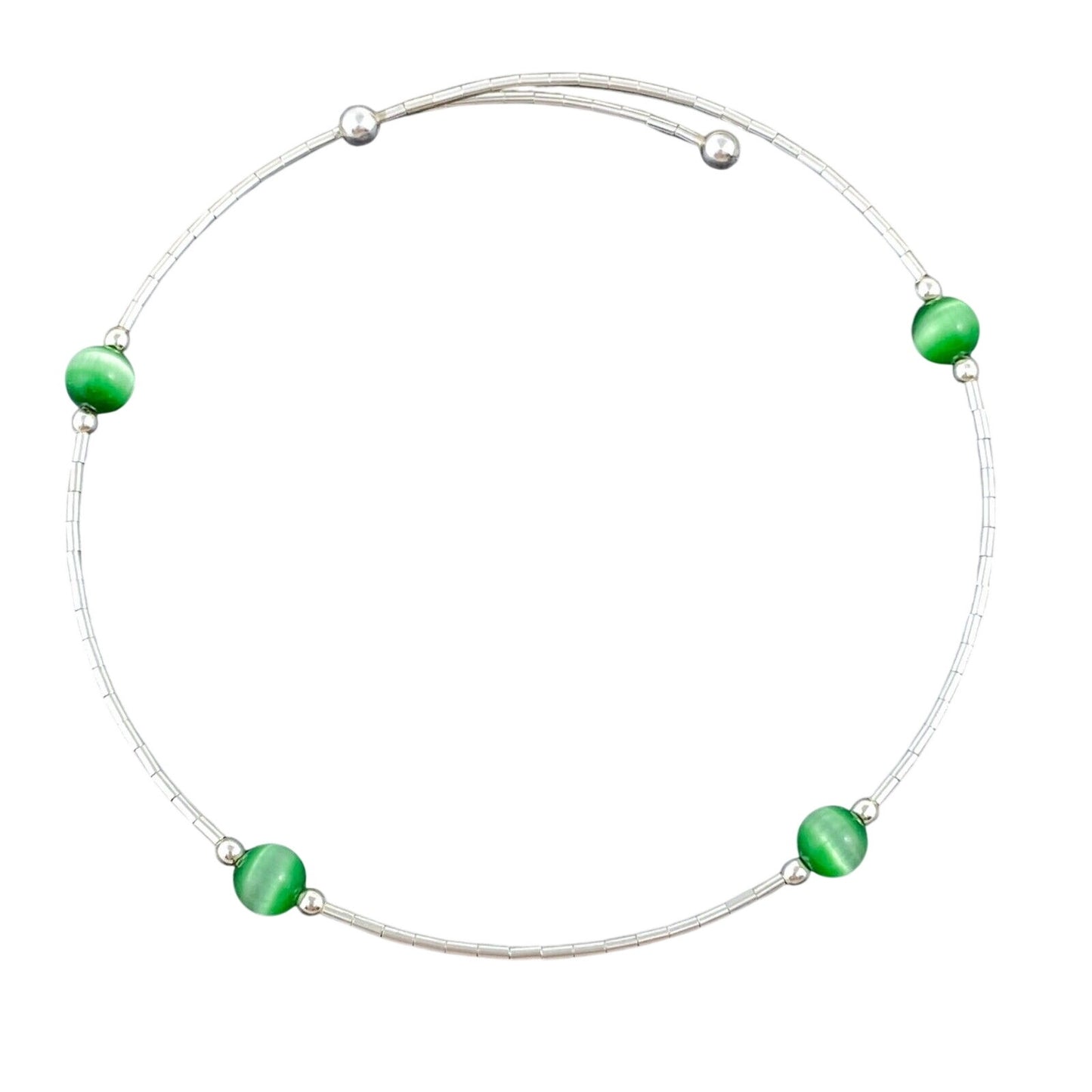 Vintage Sterling Silver 925 Green Cat’s Eye Memory Wire Bracelet 8"