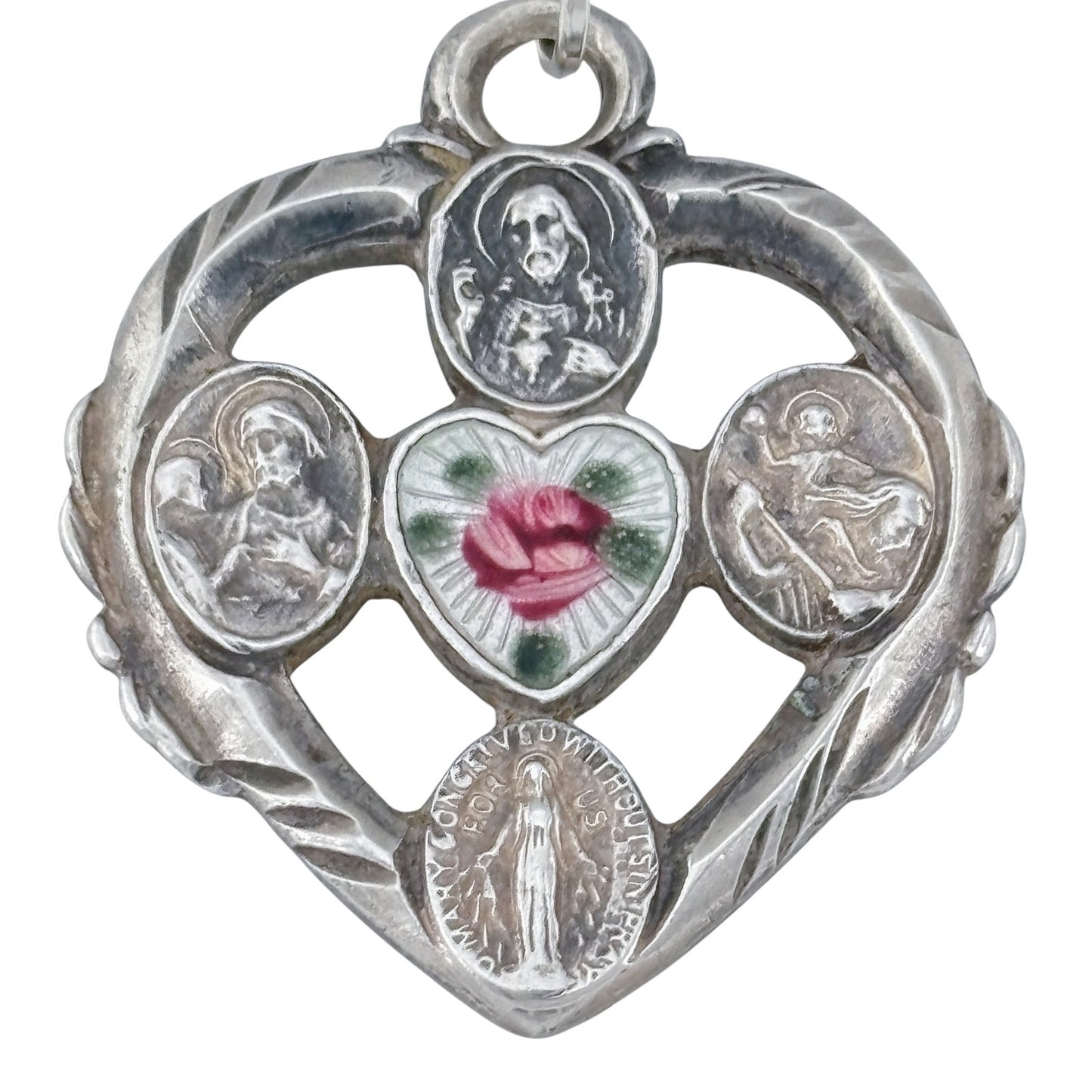 Vintage Sterling Silver 925 Sacred Heart Rose Pendant