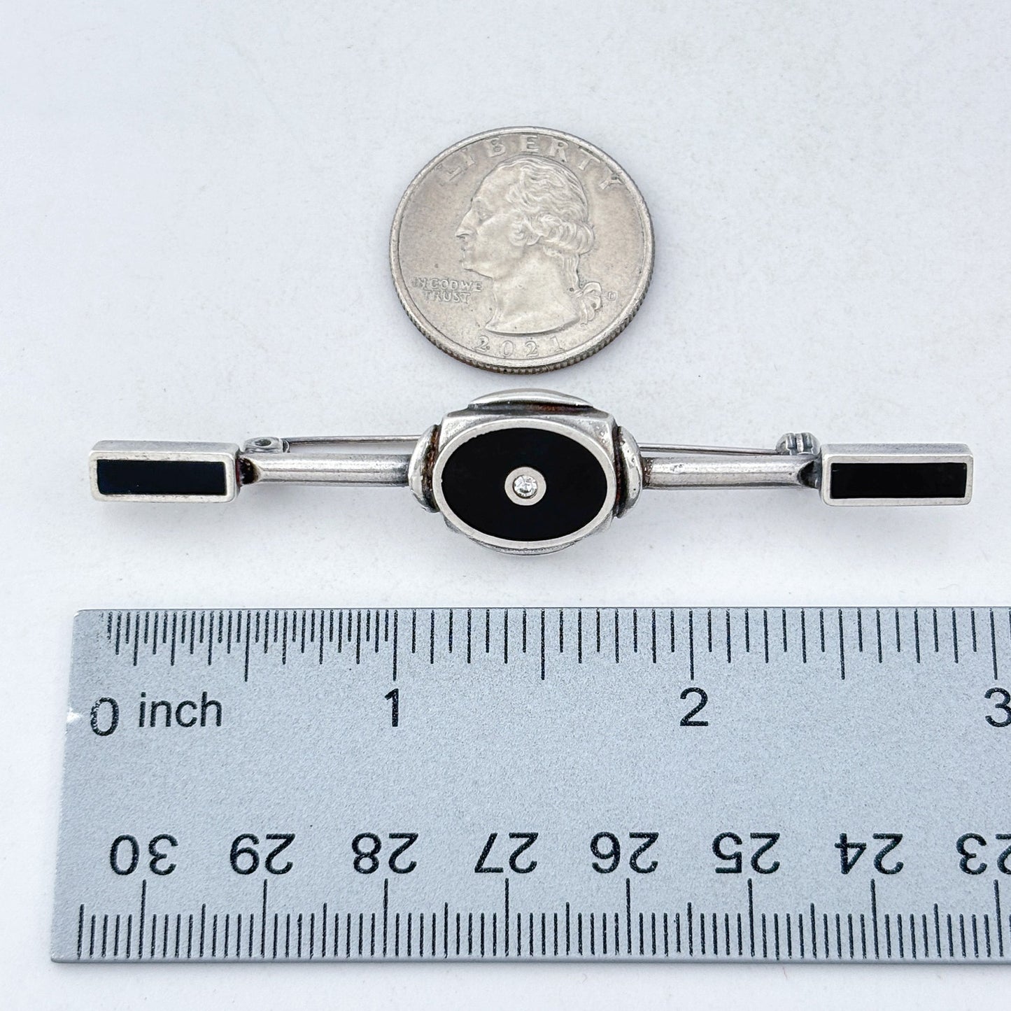 Vintage Sterling Silver 925 Onyx Cubic Zirconia Bar Brooch