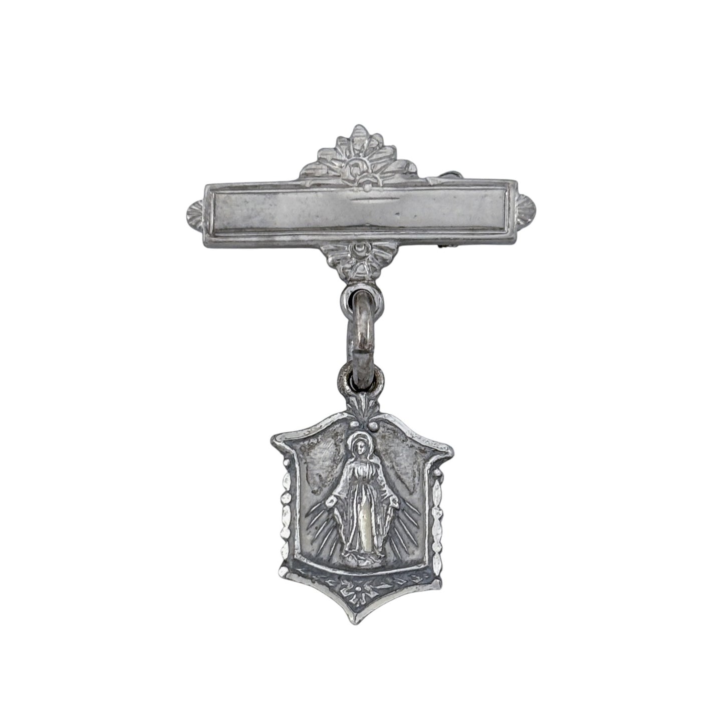 Vintage Sterling Silver 925 Miraculous Medal Bar Pin Brooch