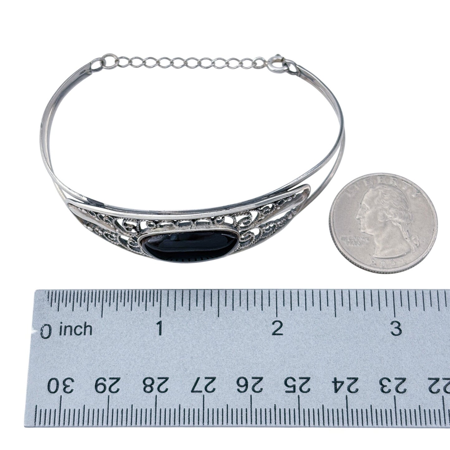 Vintage Sterling Silver 925 Onyx Filigree Cuff Bracelet 7"