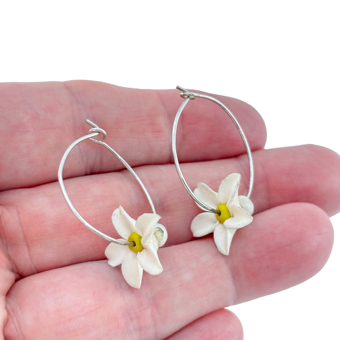 Vintage Sterling Silver 925 White Flower Hoop Earrings
