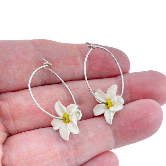 Vintage Sterling Silver 925 White Flower Hoop Earrings