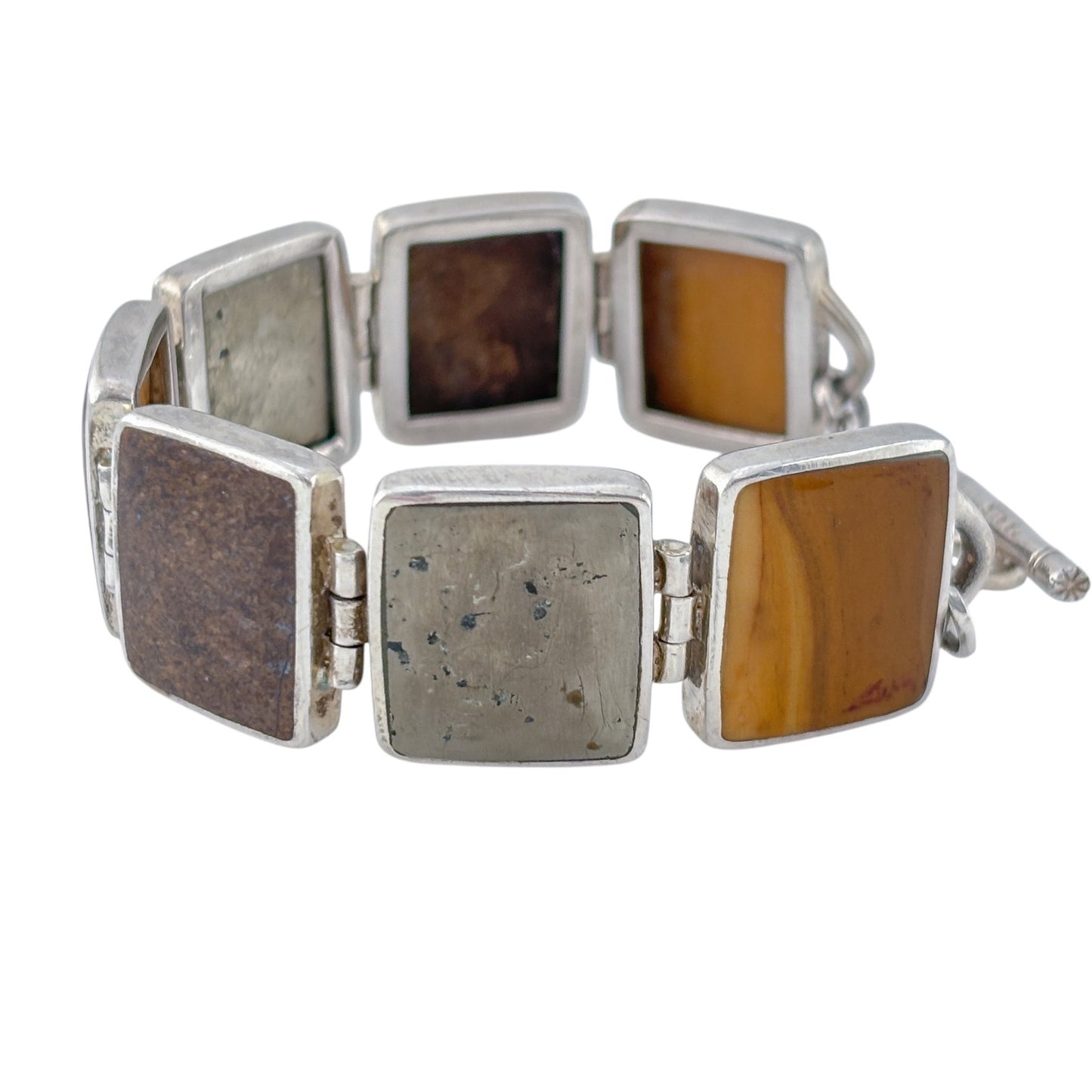 Vintage Sterling Silver 925 Pyrite Bronzite Jasper Link Bracelet 7.25"
