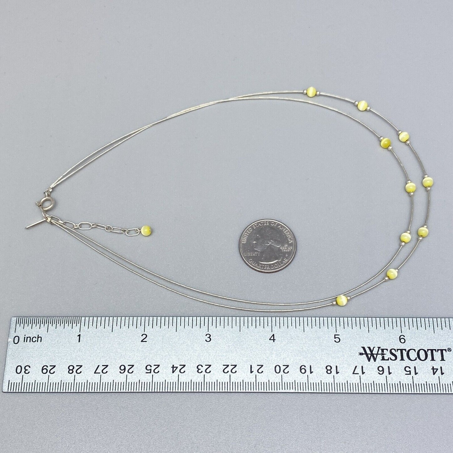 Vintage Sterling Silver 925 Yellow Cat’s Eye Necklace 15.5-17.5"