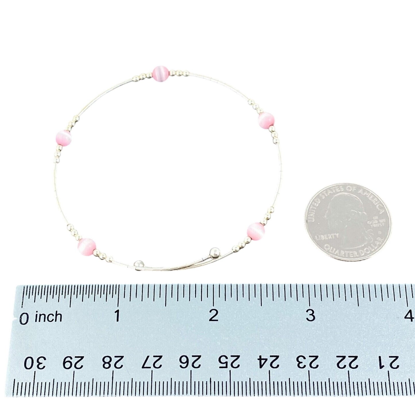 Vintage Sterling Silver 925 Pink Cat’s Eye Memory Wire Bracelet 7.5"