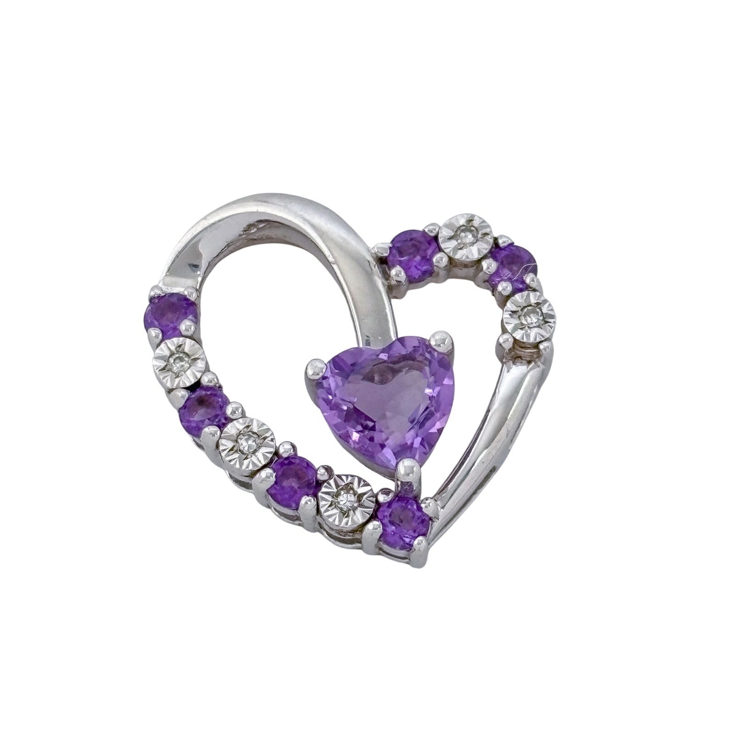 Vintage Sterling Silver 925 Amethyst Diamond Heart Pendant