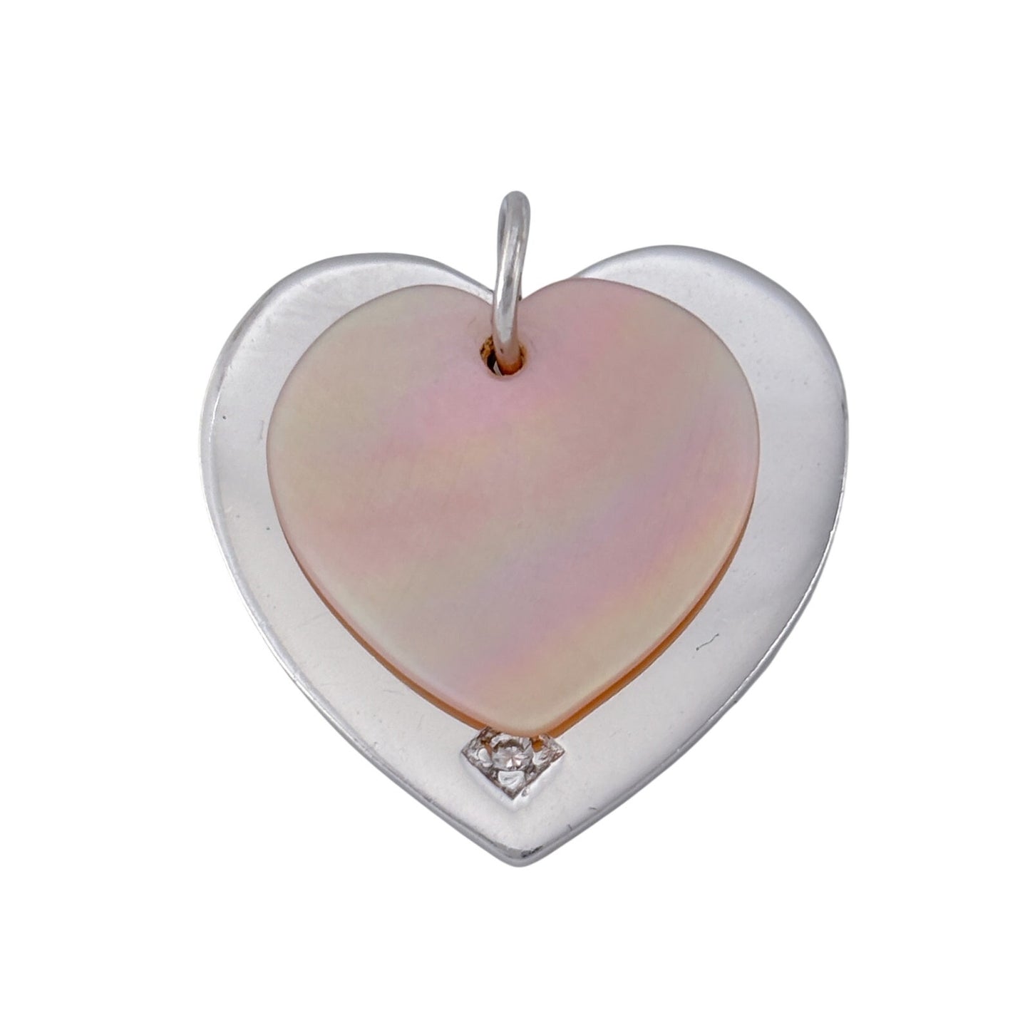 Vintage Sterling Silver 925 Diamond Mother of Pearl Heart Pendant
