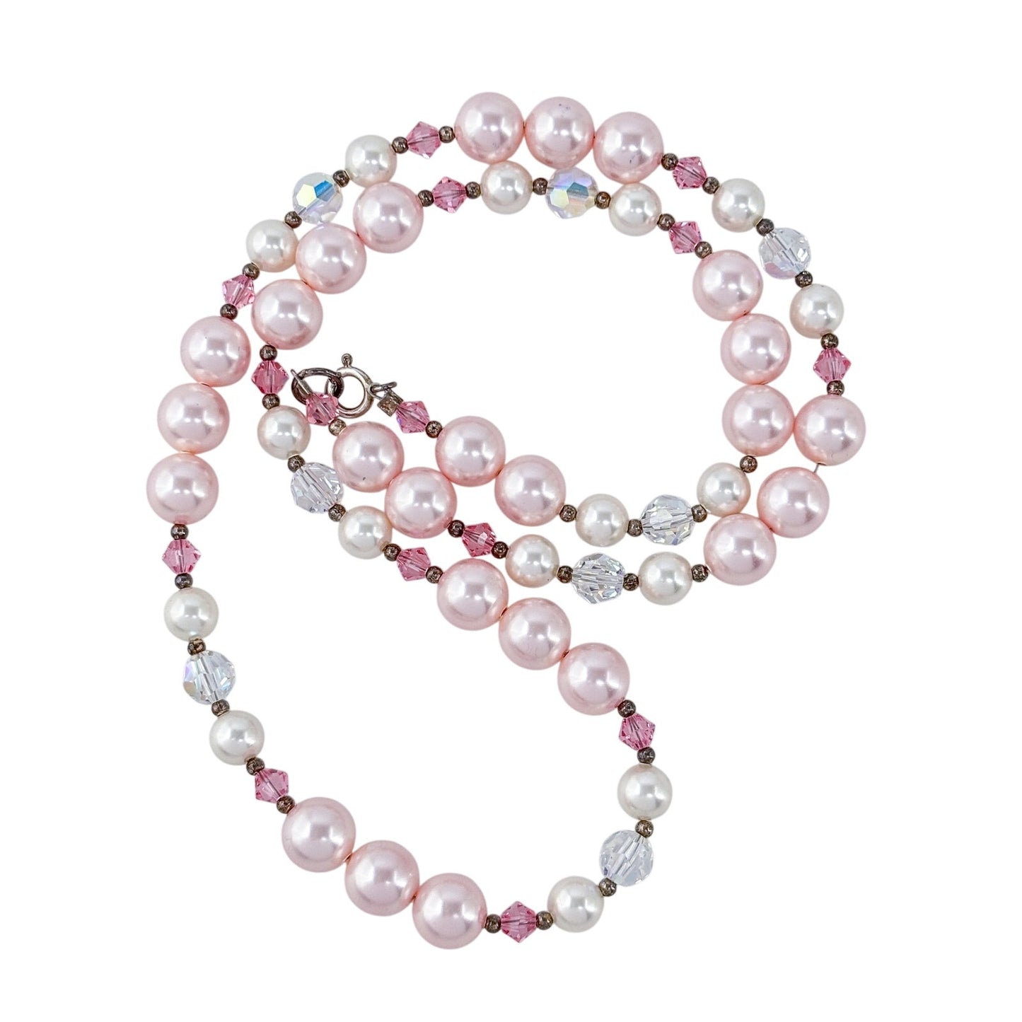 Vintage Sterling Silver 925 Pink Pearl & Crystal Beaded Necklace 20"