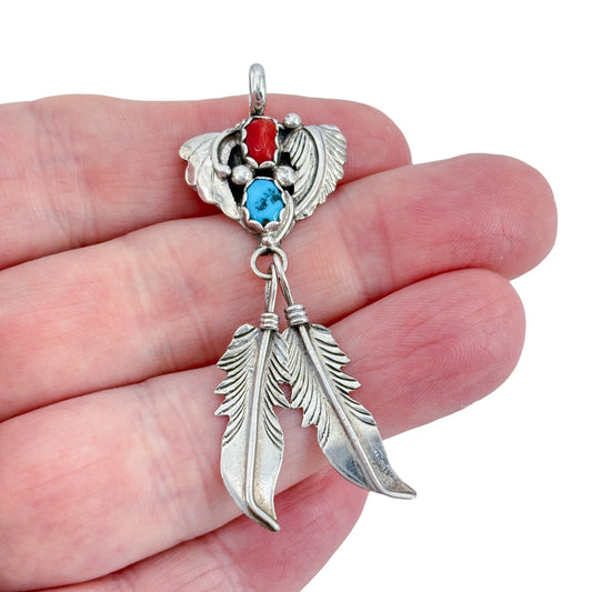 Vintage Sterling Silver 925 Navajo Coral Turquoise Feather Pendant