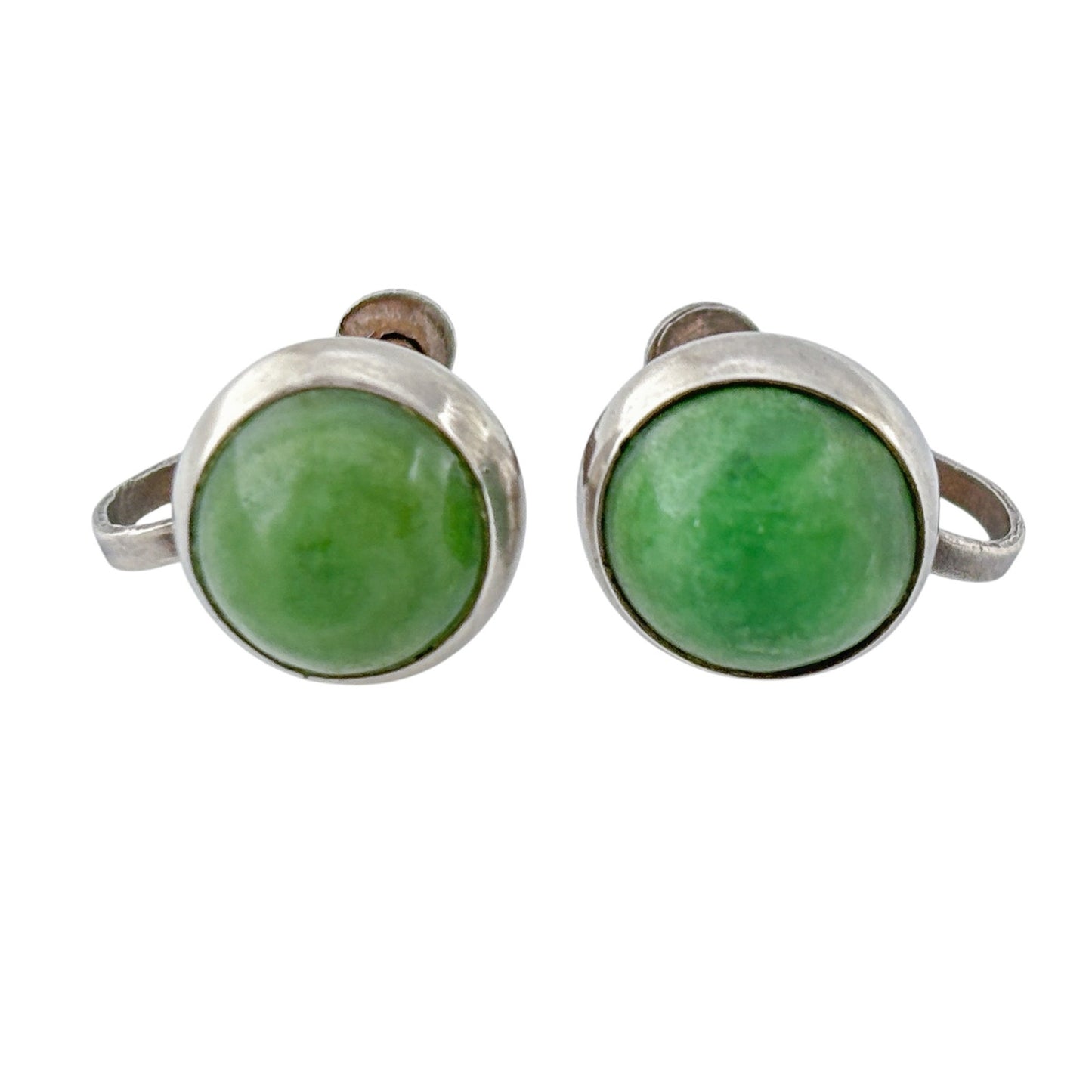 Vintage Sterling Silver 925 Nephrite Round Screw-back Earrings
