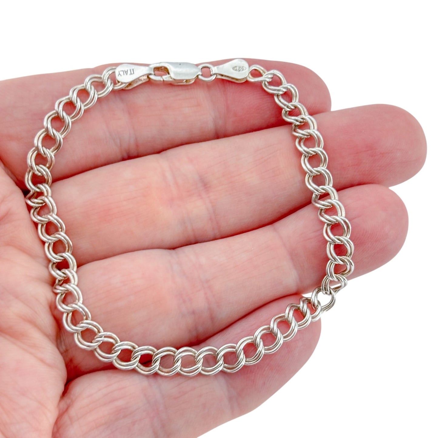 Vintage Sterling Silver 925 Italian Curb Double Link Chain Charm Bracelet 8"