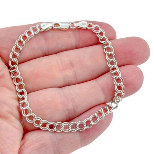 Vintage Sterling Silver 925 Italian Curb Double Link Chain Charm Bracelet 8"