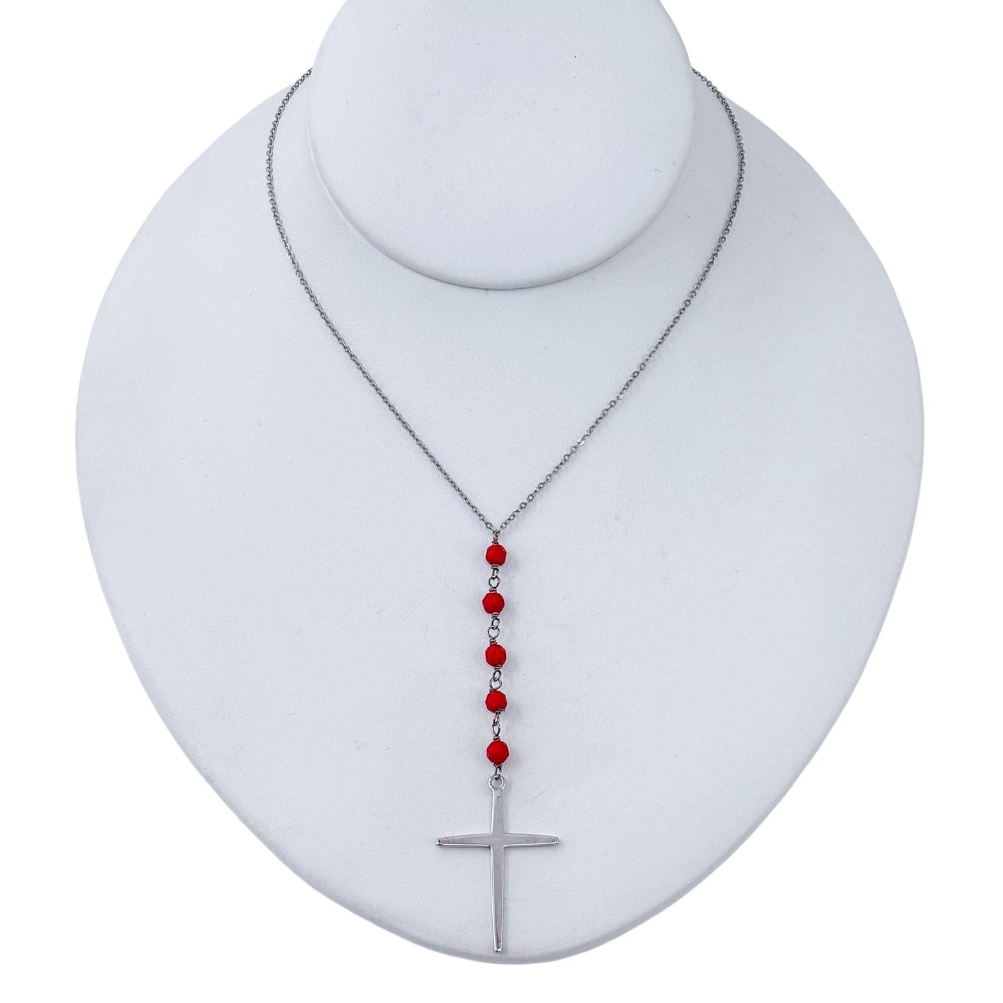 Vintage Sterling Silver 925 Red Glass Bead Y Necklace 16"-18"