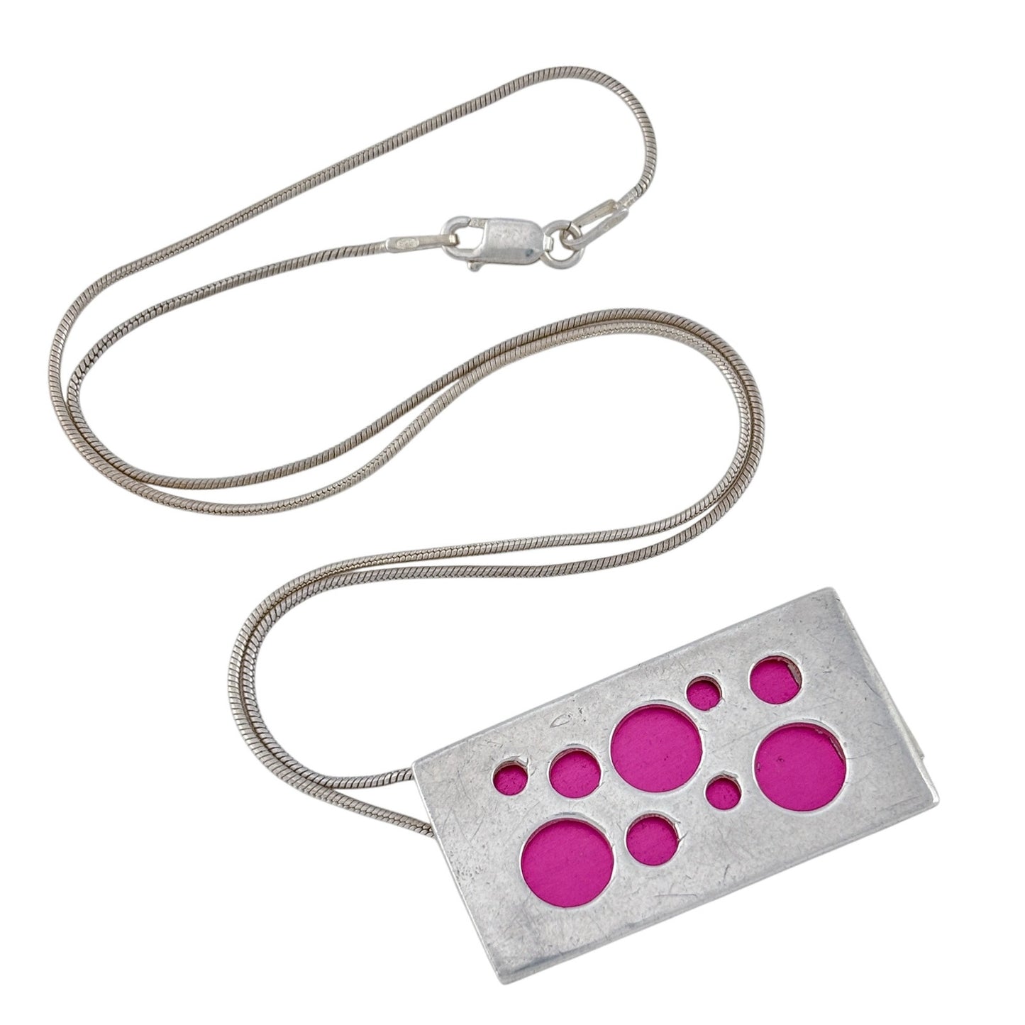 Vintage Sterling Silver Rectangular Pink Enamel Pendant Necklace 16.5"