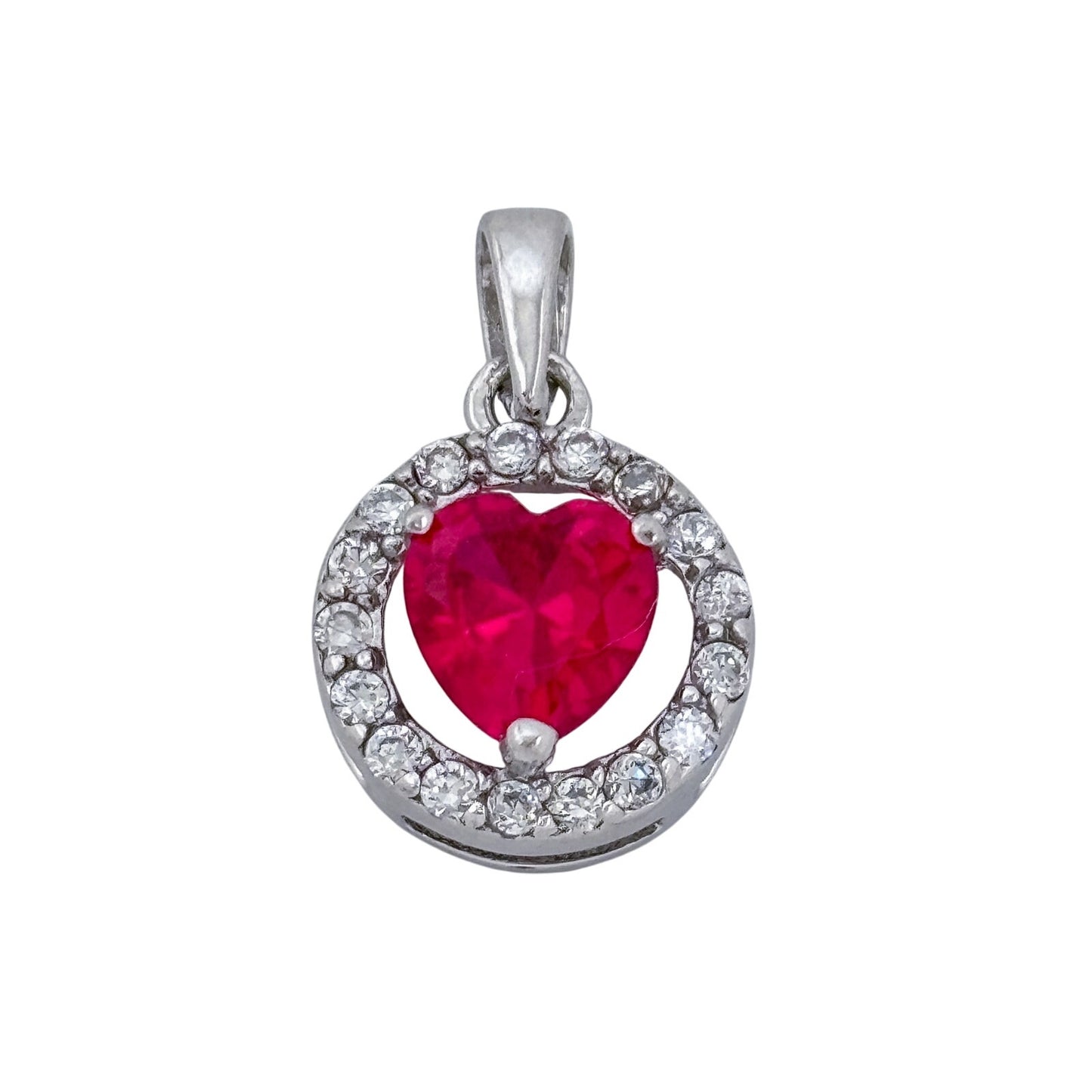 Vintage Sterling Silver 925 Lab Created Ruby Cubic Zirconia Heart Pendant