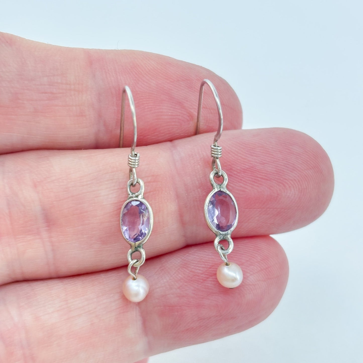 Vintage Sterling Silver 925 Amethyst Pearl Drop Earrings