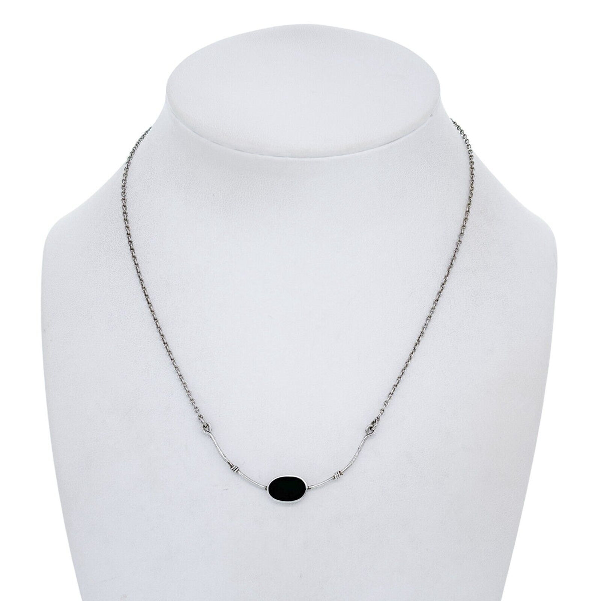 Vintage Silver-Tone Oval Black Resin Pendant Necklace 15"