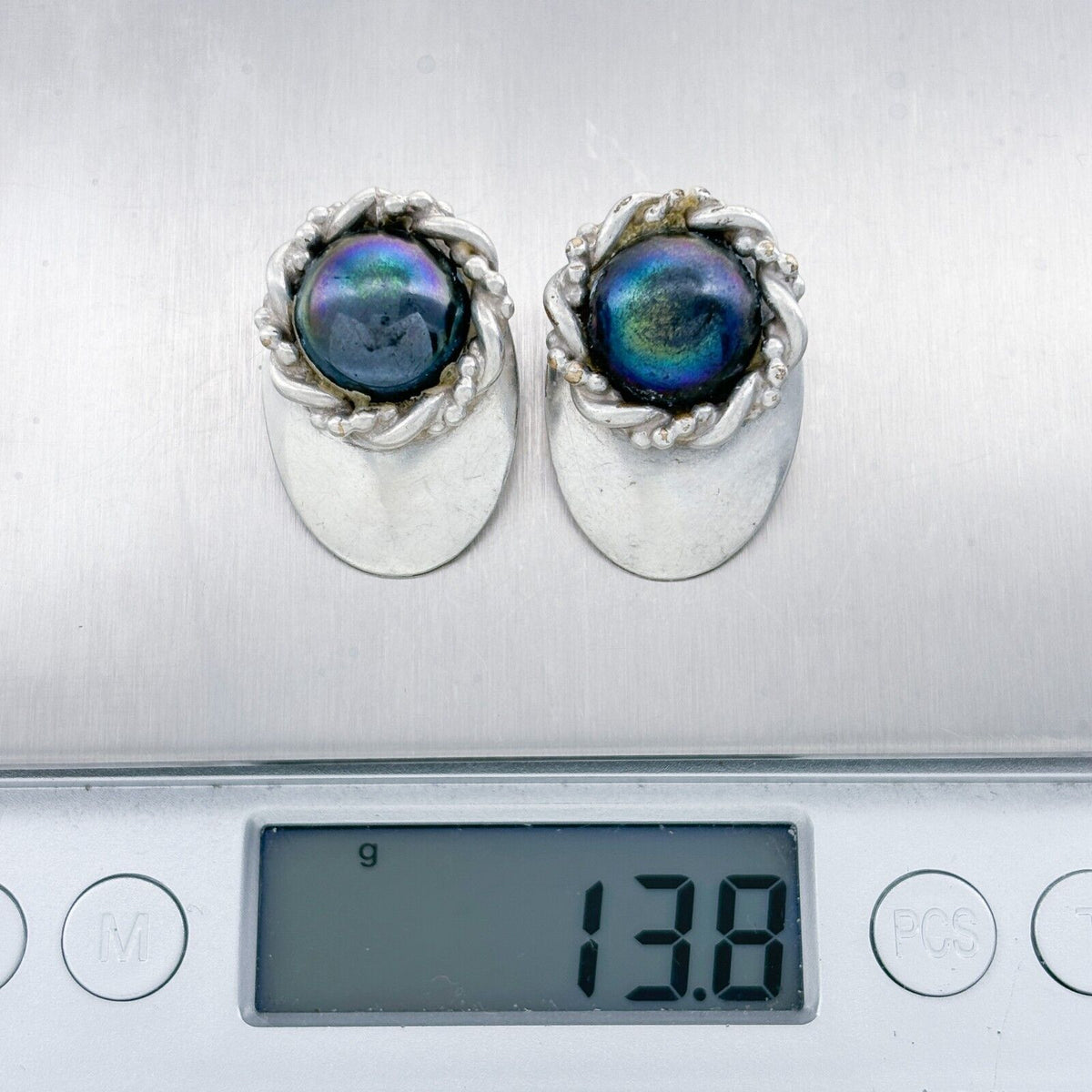 Vintage Silver-Plated Iridescent Glass Cabochon Clip-On Earrings
