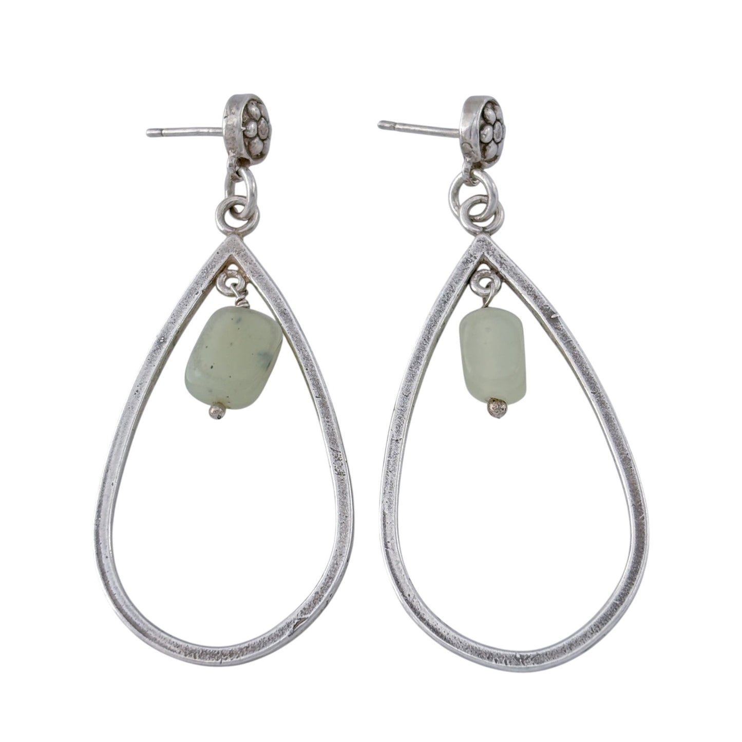 Vintage Sterling Silver 925 Chrysoprase Stone Dangle Open Teardrop Earrings