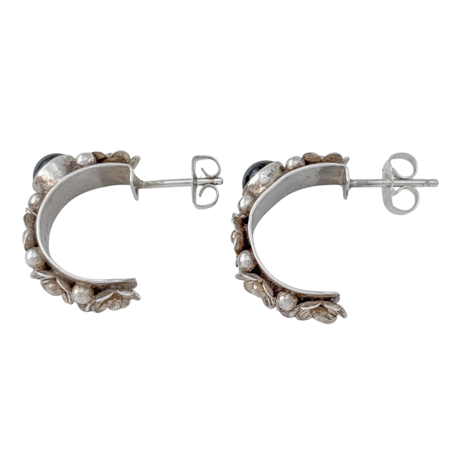 Vintage Sterling Silver 925 Onyx Floral Hoop Earrings