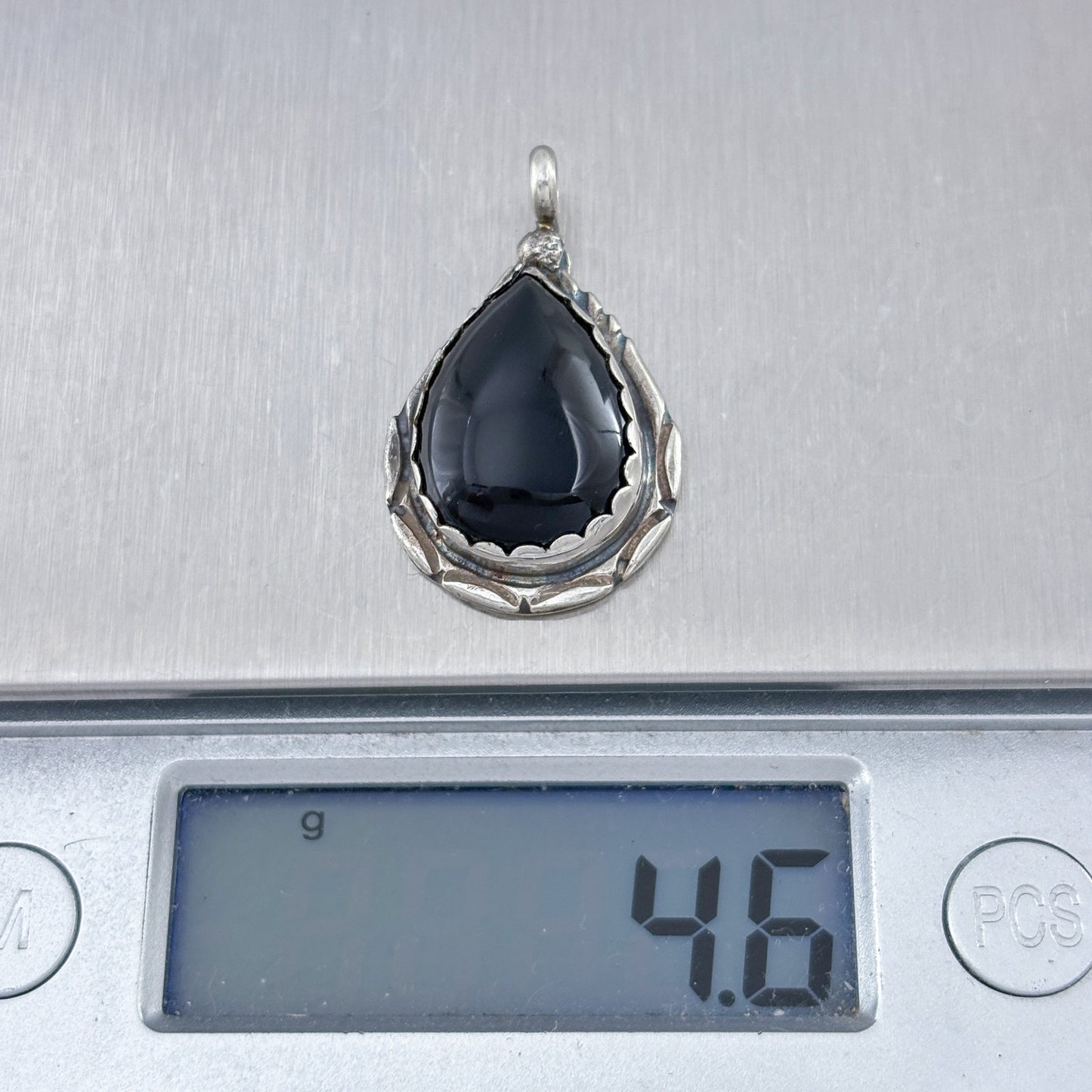 Vintage RB Sterling Silver 925 Black Onyx Teardrop Cabochon Pendant