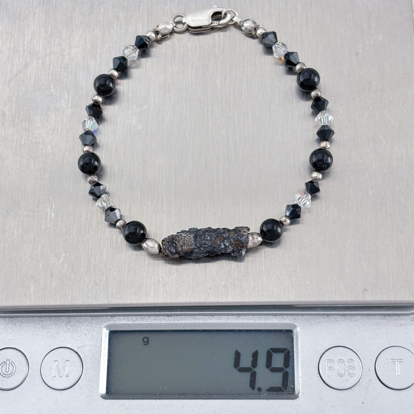Vintage Sterling Silver 925 Black Crystal Quartz Beaded Bracelet 6.5"
