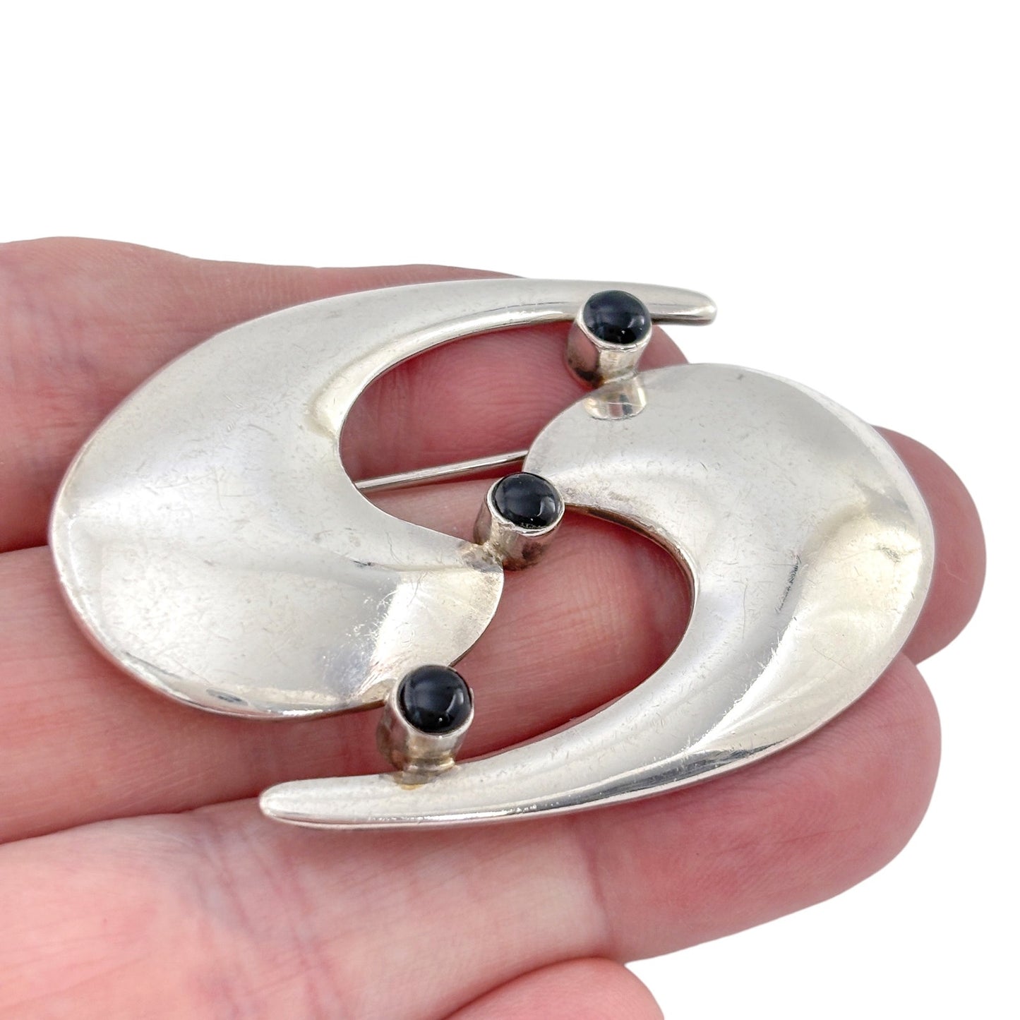 Vintage Sterling Silver 925 Abstract Swirl Onyx Brooch