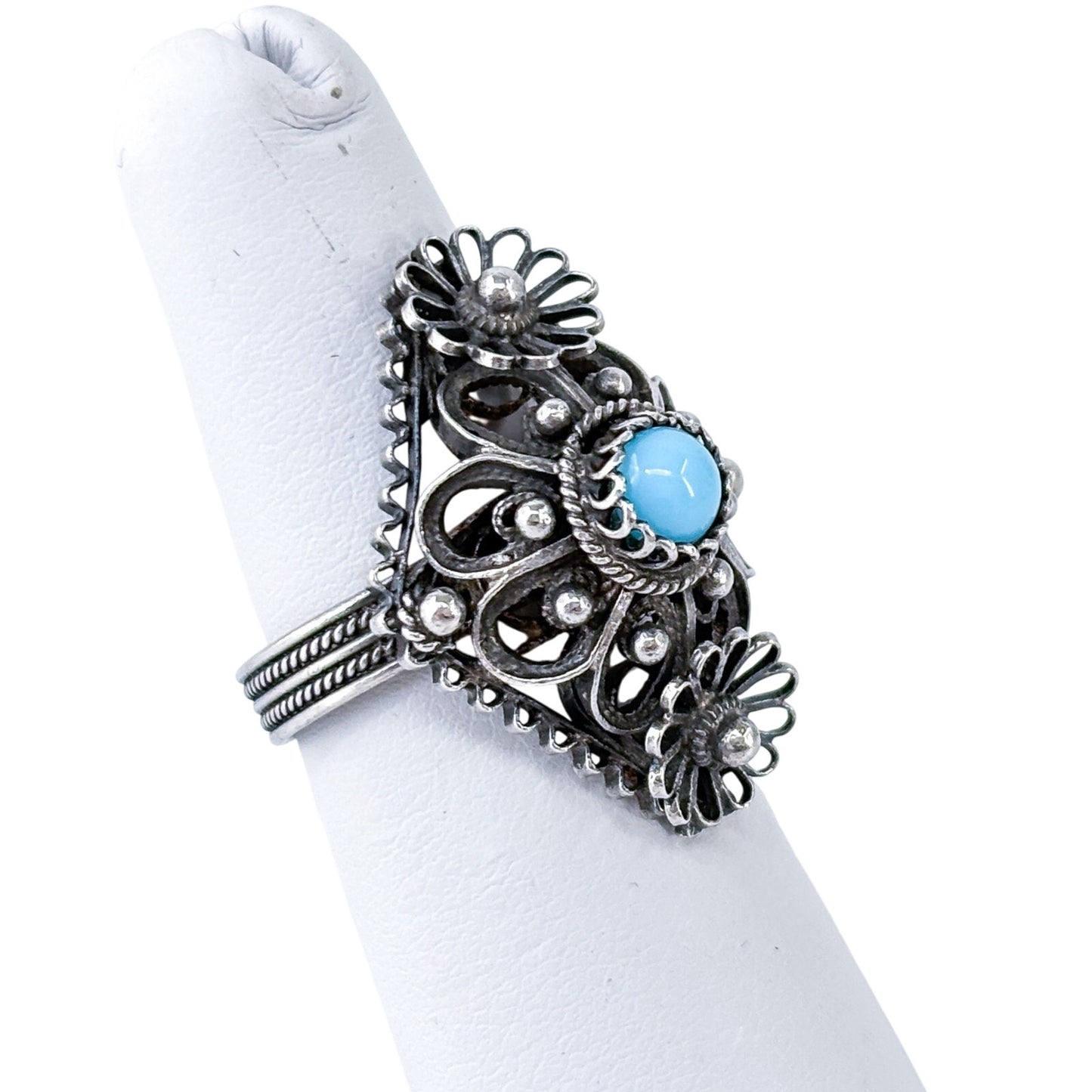 Vintage Sterling Silver 925 Filigree Persian Turquoise Ring Size 6