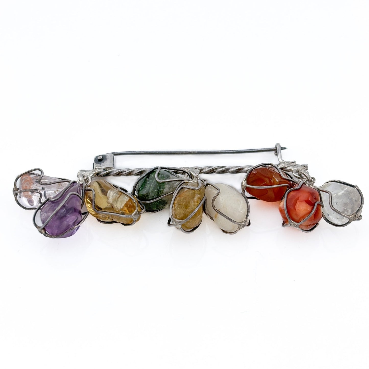 Vintage Sterling Silver 925 Multi Gemstone Bar Brooch