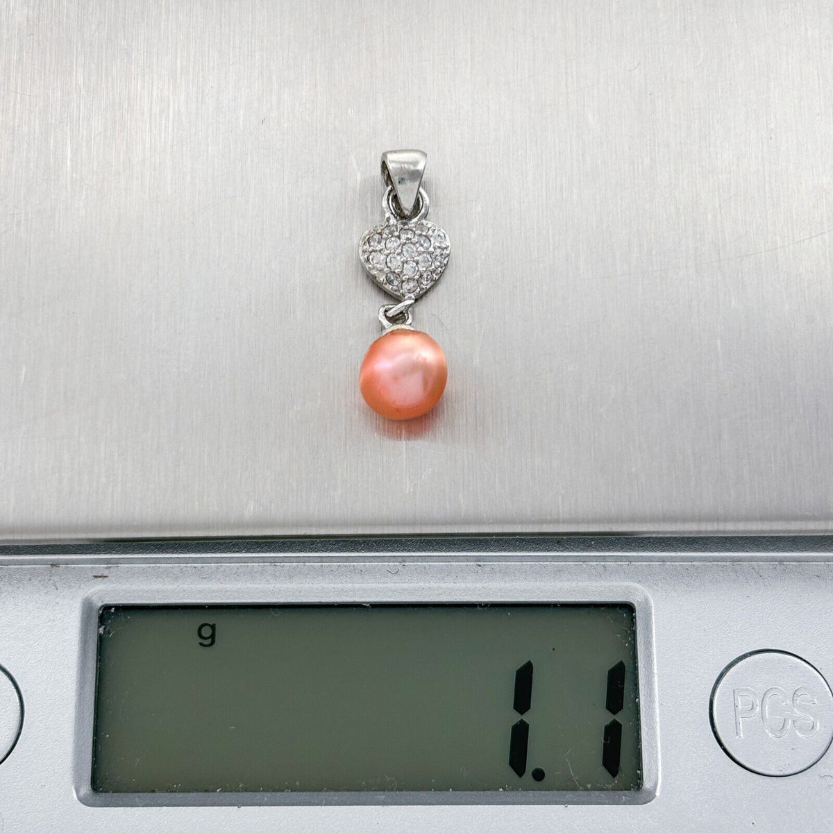 Vintage Sterling Silver 925 Cubic Zirconia Heart Pink Pearl Dangle Pendant