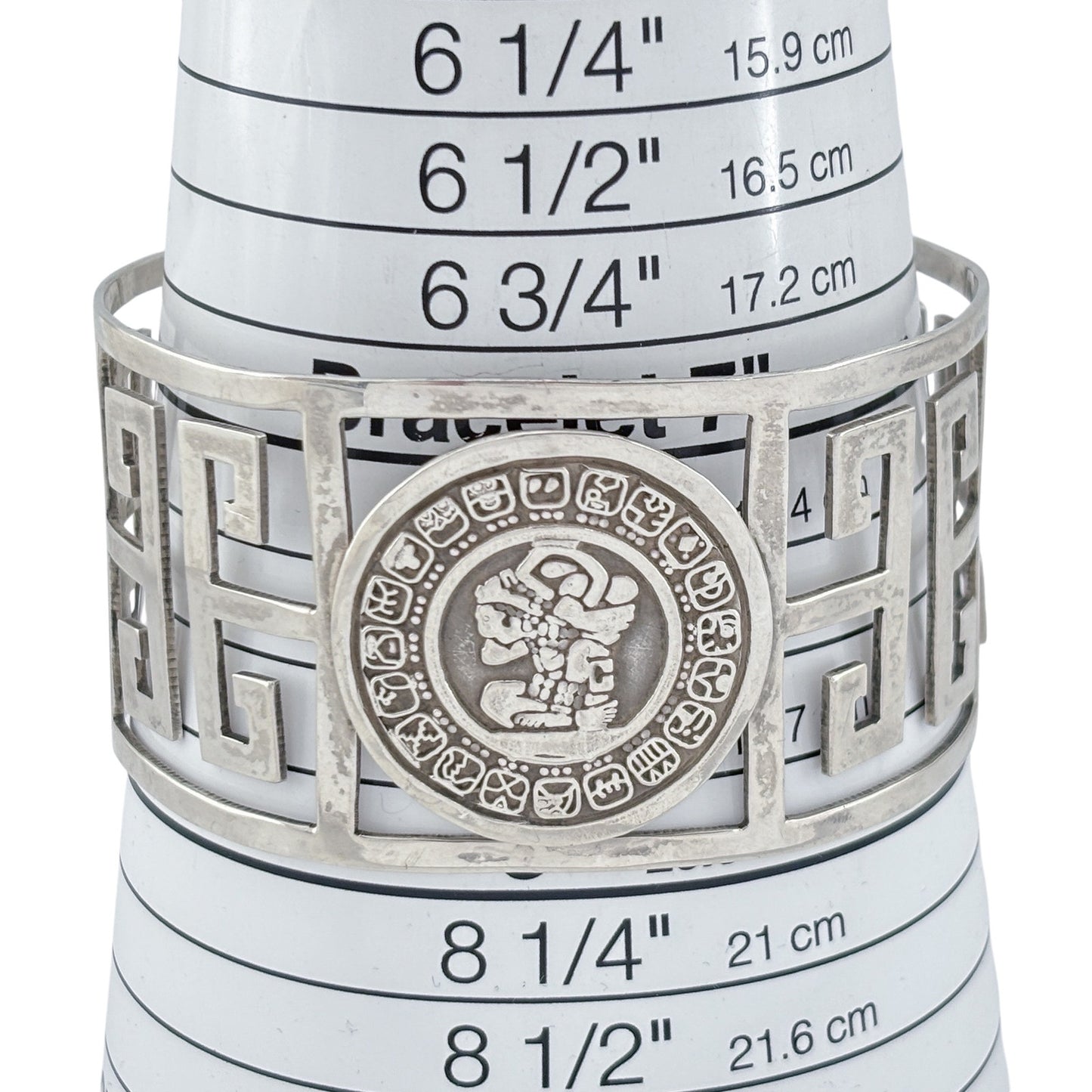 Vintage Mexico Sterling Silver 925 Aztec Mayan Medallion Cuff Bracelet 7.5"