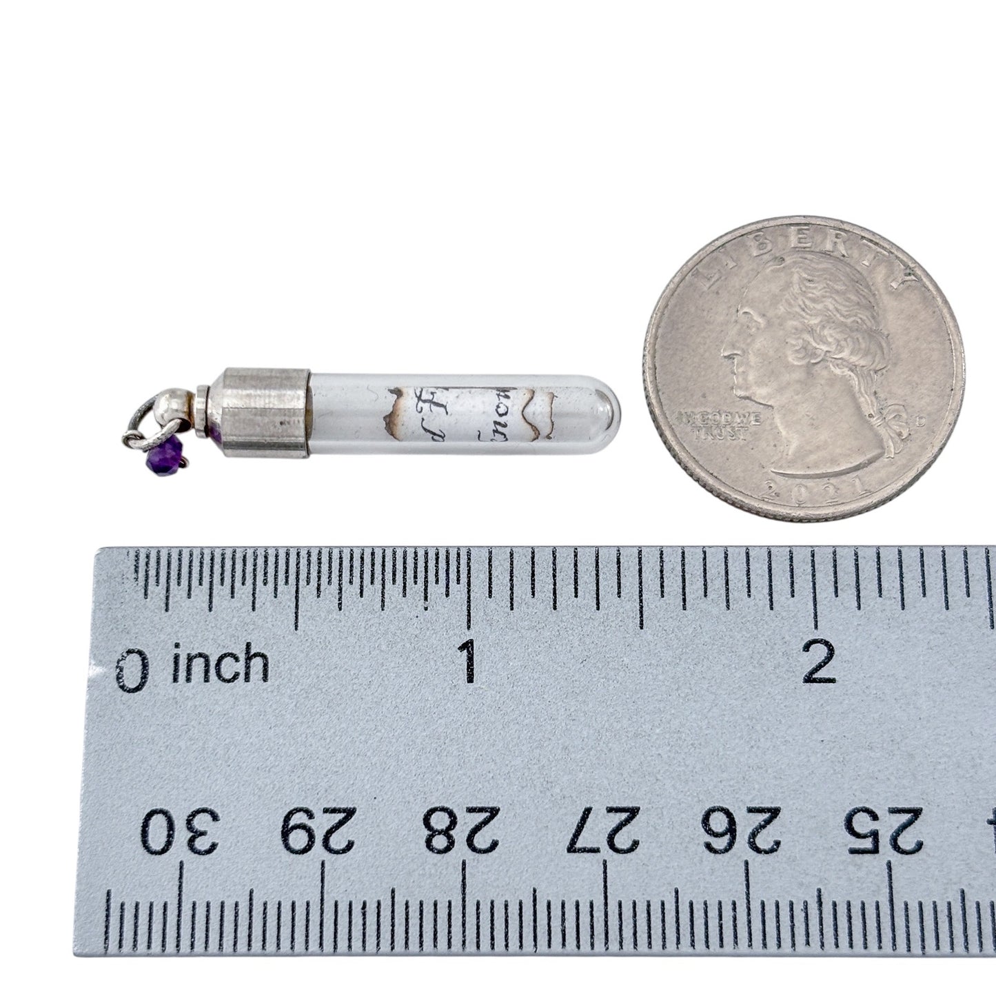 Vintage Sterling Silver 925 Amethyst Charm Secret Message Glass Vial Pendant
