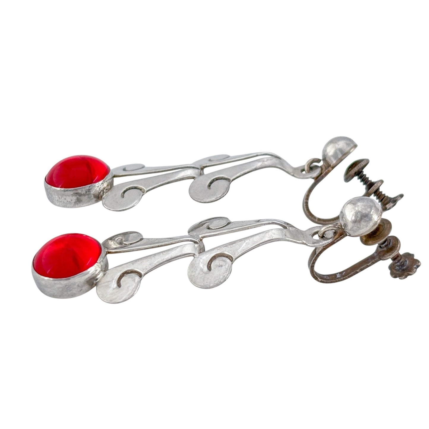 Vintage Sterling Silver 925 Red Glass Dangle Earrings