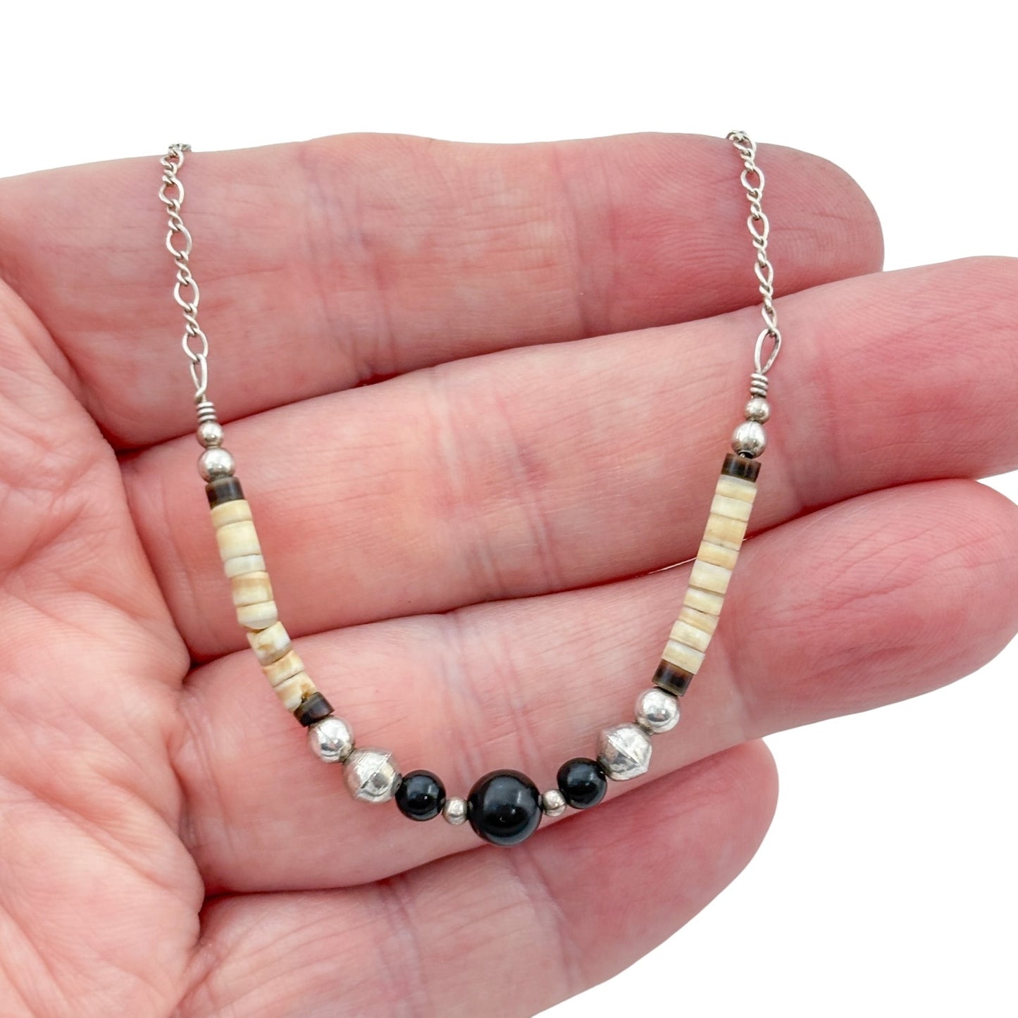 Vintage Sterling Silver 925 Onyx Shell Beaded Heishi Necklace 15.5"