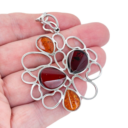 Vintage SML Sterling Silver 925 7cm Multi-Tone Amber Teardrop Pendant