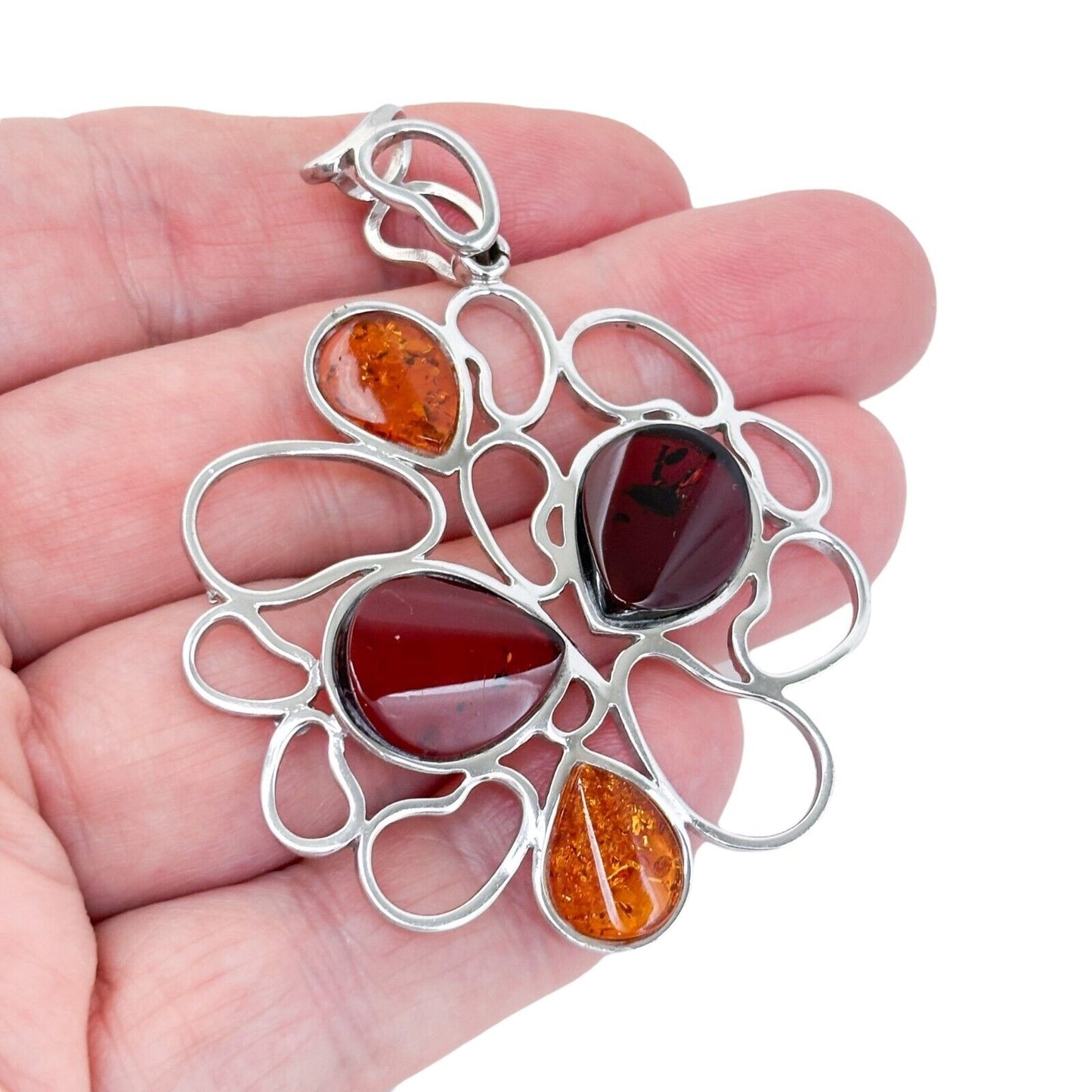Vintage SML Sterling Silver 925 7cm Multi-Tone Amber Teardrop Pendant