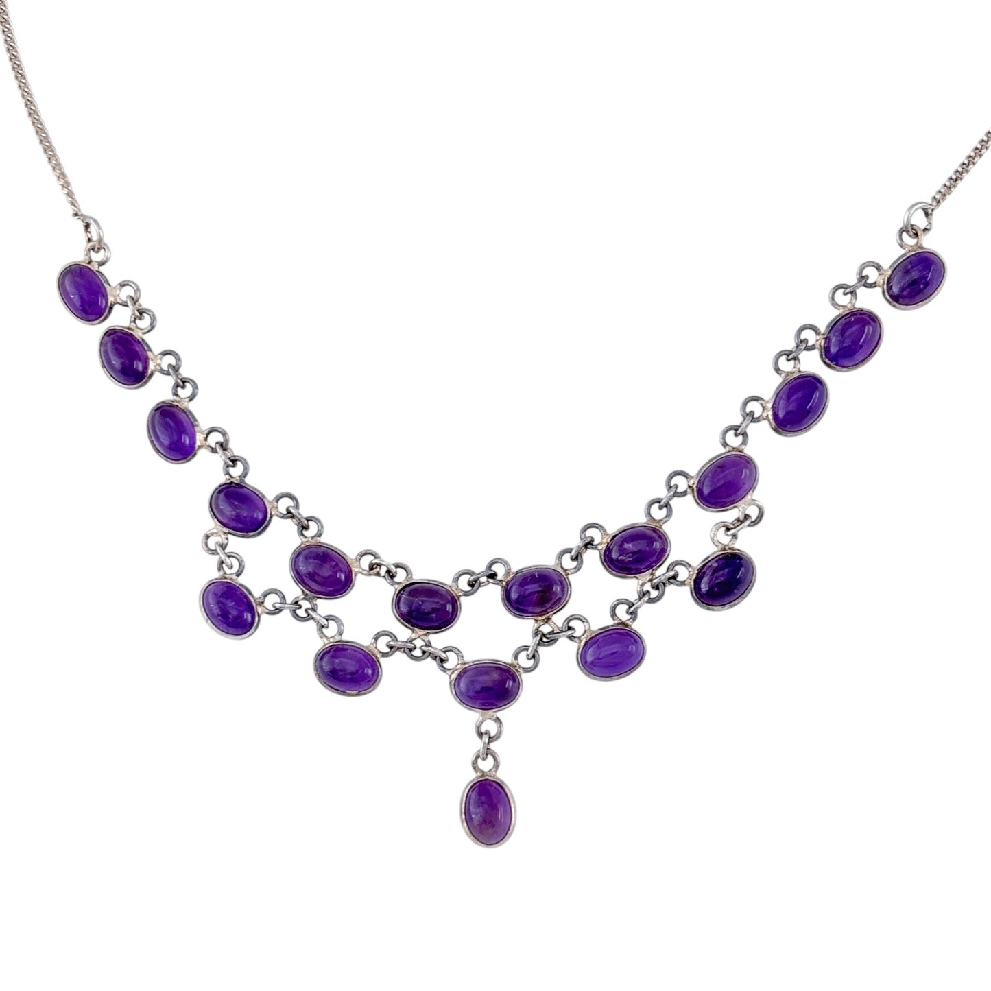 Vintage Sterling Silver 925 Amethyst Layered Bib Necklace Pendant 17"